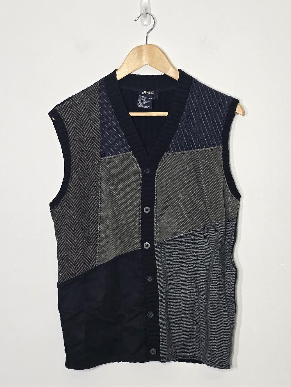 America Vintage Corduroy Patchwork Wool Cotton Button Down Vest Y2K Size Medium